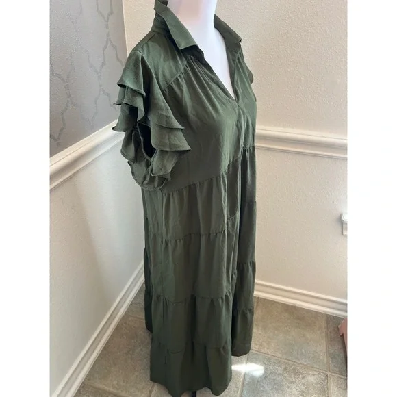 Umgee XL Olive Green Maxi Dress Ruffle Short Sleeve Tiered Casual Boho Flowy - Picture 7 of 7